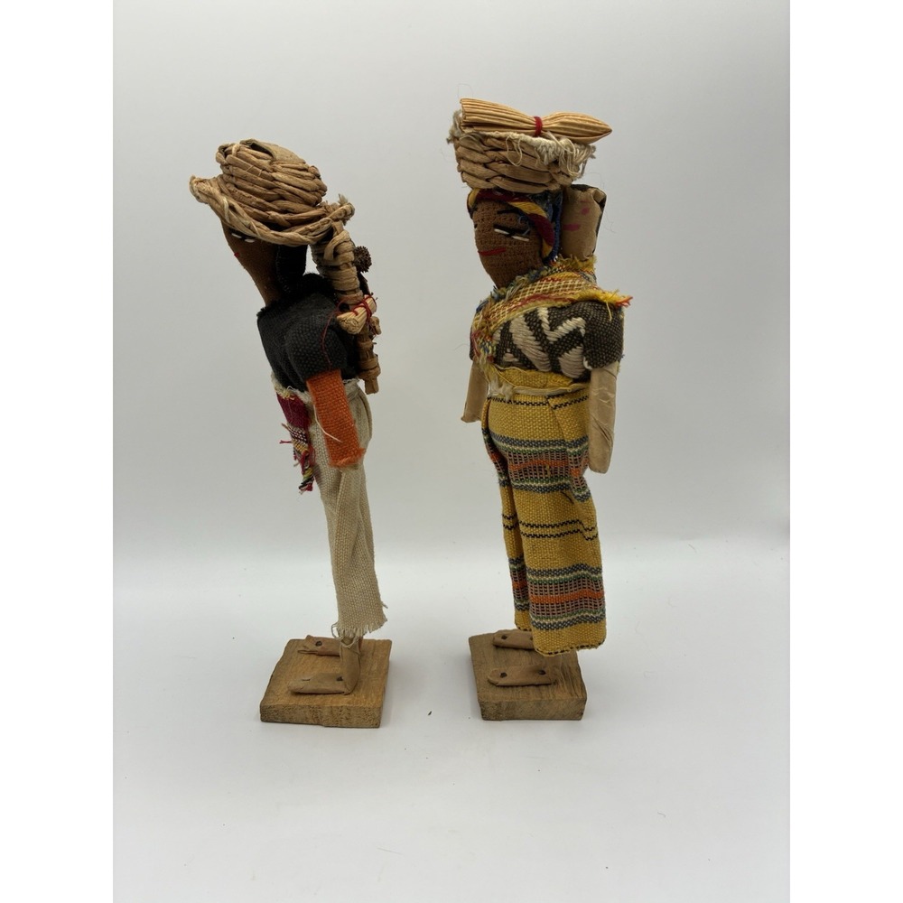 2 Vintage Handmade Guatemalan Folk Art Cloth Dried Hay Stick Doll Figures 9" - Picture 4 of 5